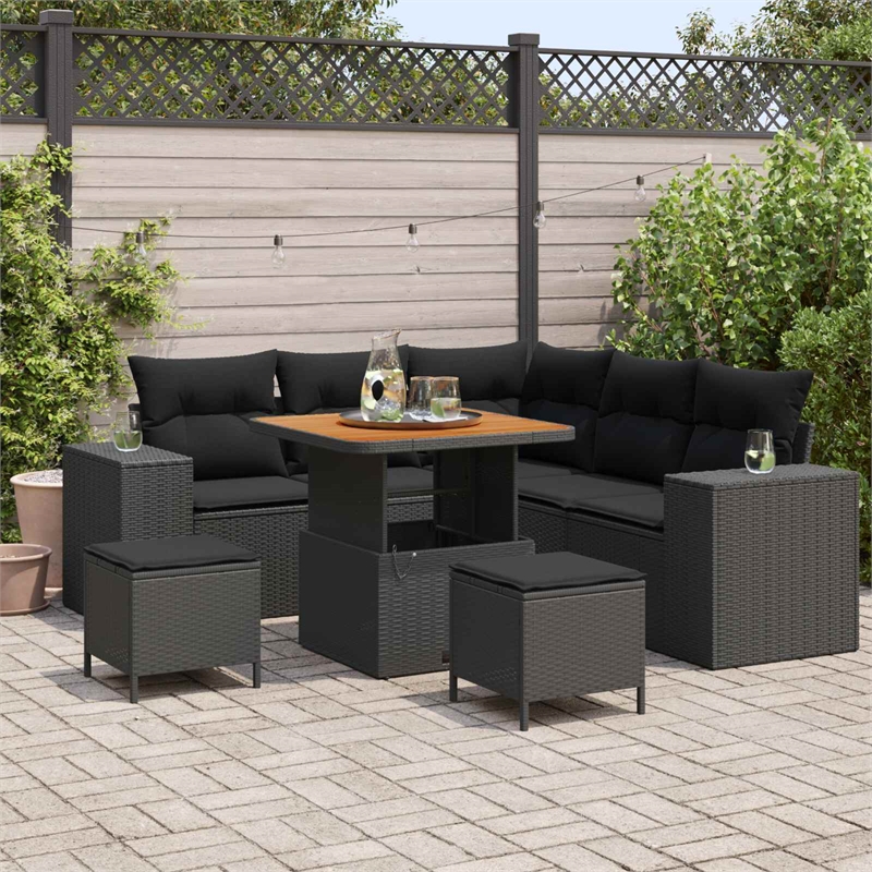 vidaXL Solid Acacia Wood Sofa Set with Cushions in Black
