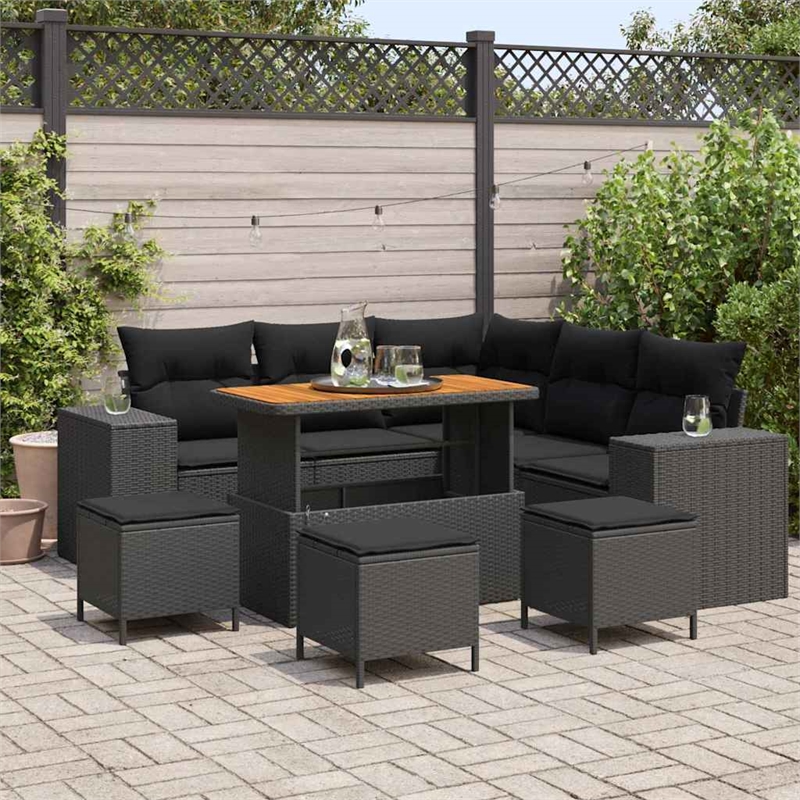vidaXL Solid Acacia Wood Sofa Set with Cushions in Black