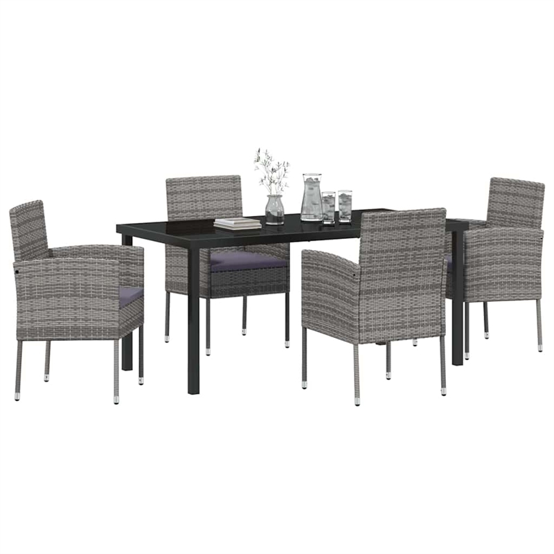 vidaXL Poly Rattan Dining Set with Cushions in Gray