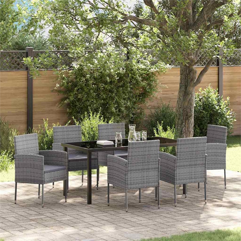 vidaXL Poly Rattan Dining Set with Cushions in Gray