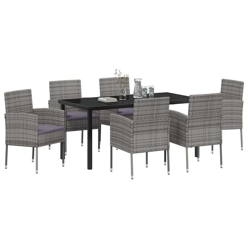 vidaXL Poly Rattan Dining Set with Cushions in Gray