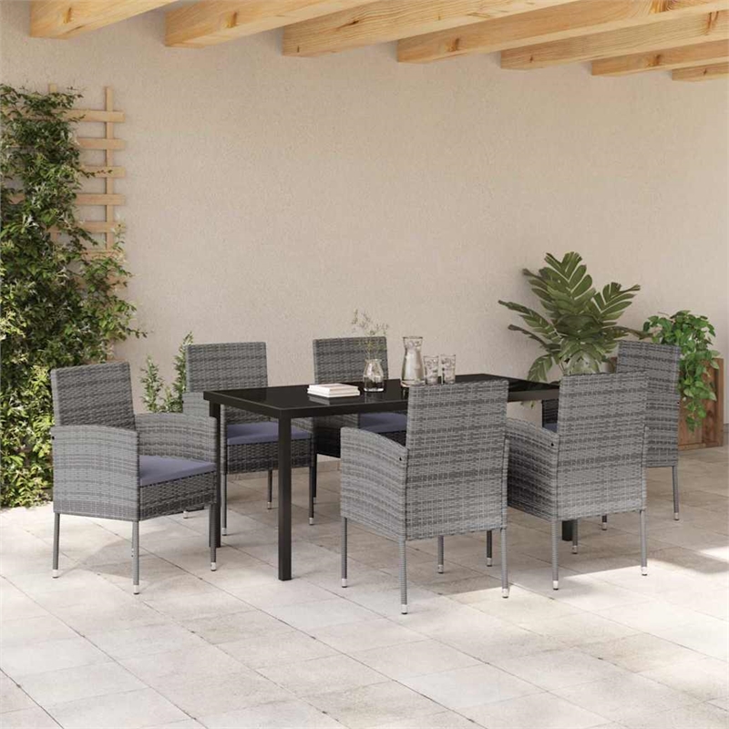 vidaXL Poly Rattan Dining Set with Cushions in Gray