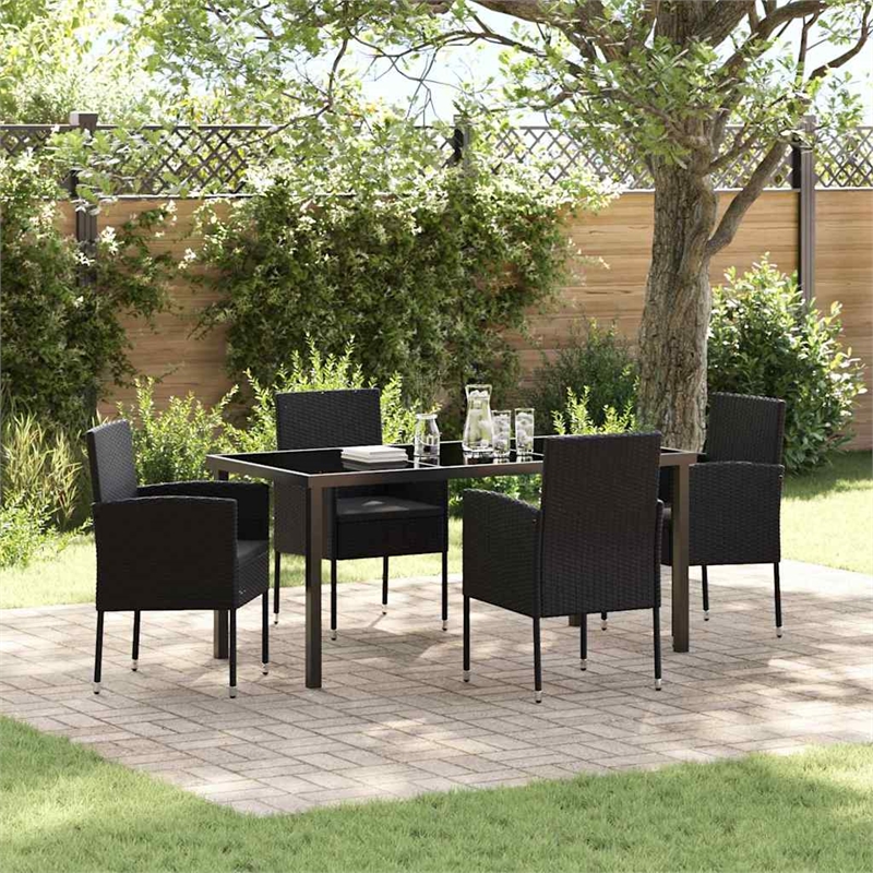 vidaXL Poly Rattan Dining Set with Cushions in Black