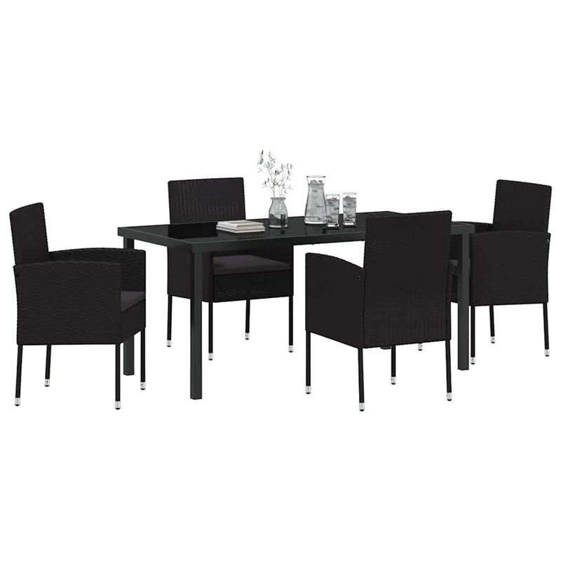 vidaXL Poly Rattan Dining Set with Cushions in Black