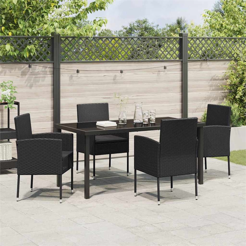 vidaXL Poly Rattan Dining Set with Cushions in Black