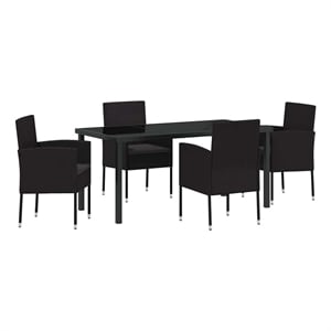 vidaXL Poly Rattan Dining Set with Cushions in Black