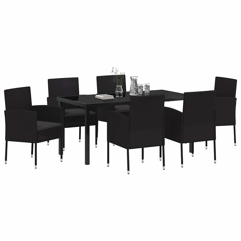 vidaXL Poly Rattan Dining Set with Cushions in Black