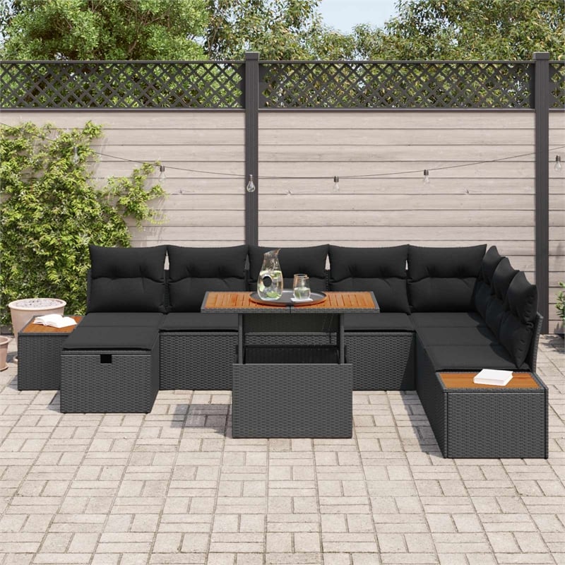 vidaXL Solid Acacia Wood Sofa Set with Cushions in Black