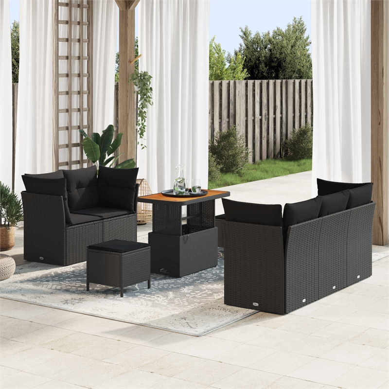 vidaXL Solid Acacia Wood Sofa Set with Cushions in Black