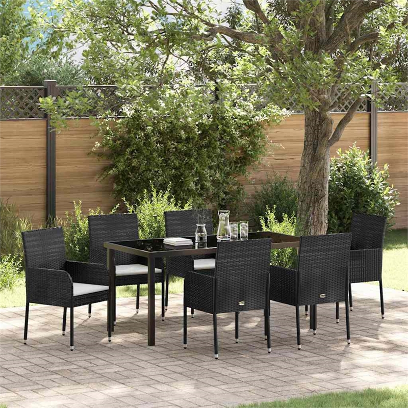 vidaXL Poly Rattan Dining Set with Cushions in Black