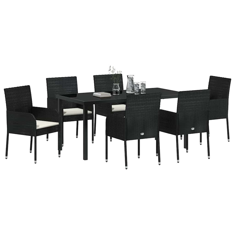 vidaXL Poly Rattan Dining Set with Cushions in Black