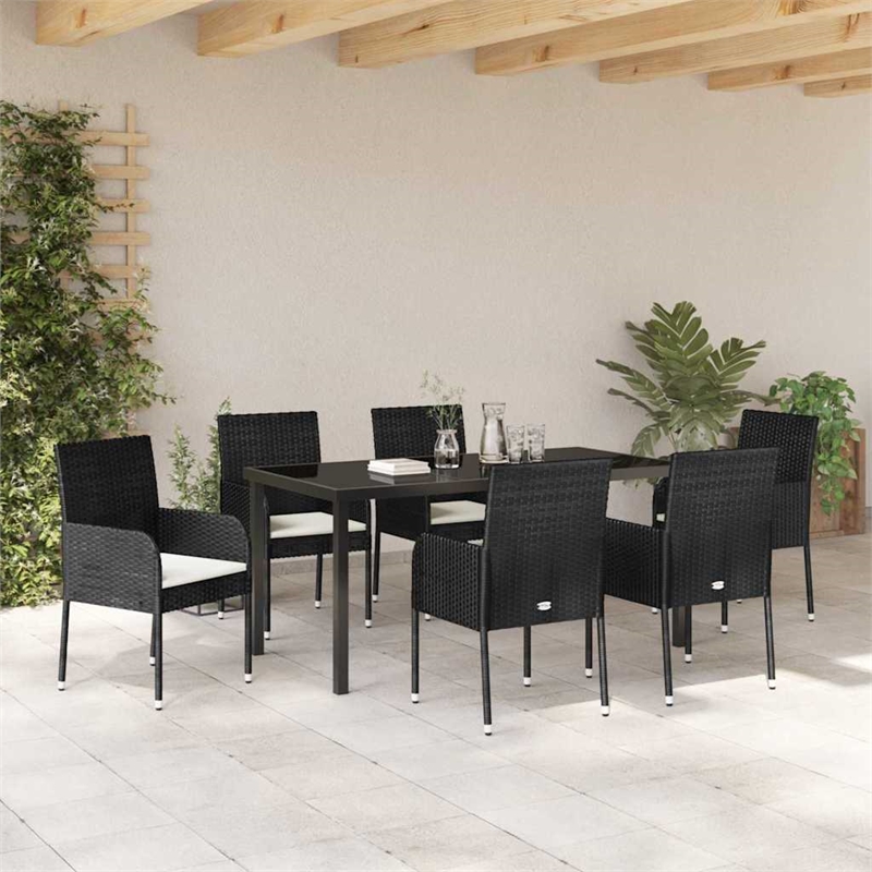 vidaXL Poly Rattan Dining Set with Cushions in Black