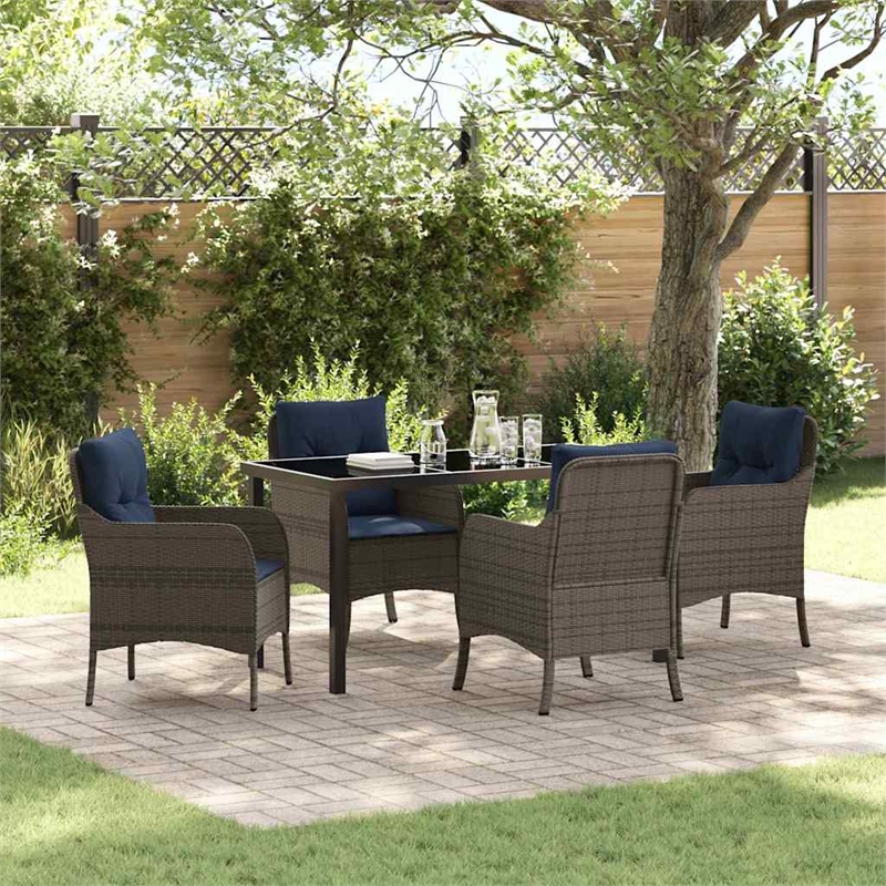 vidaXL Poly Rattan Dining Set with Cushions in Gray