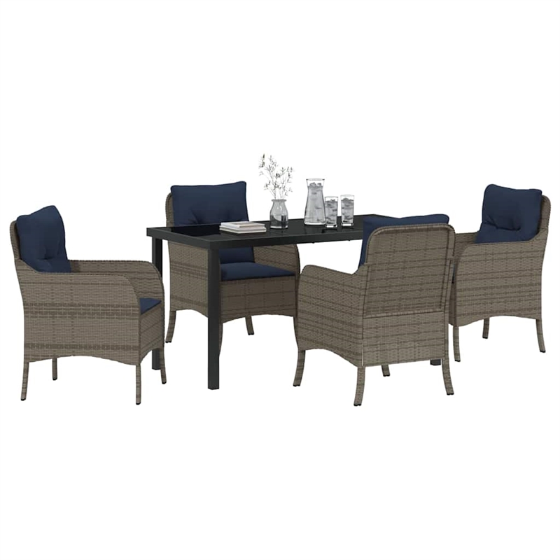 vidaXL Poly Rattan Dining Set with Cushions in Gray