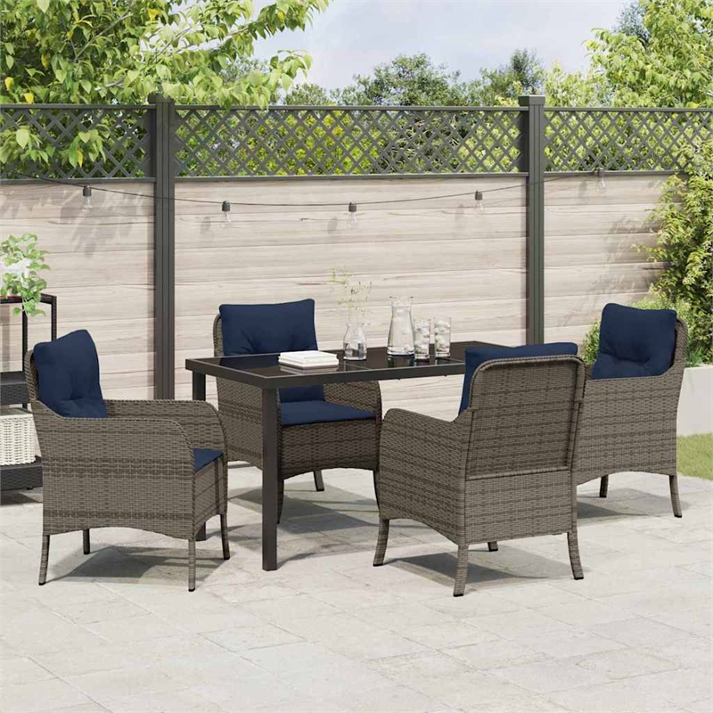 vidaXL Poly Rattan Dining Set with Cushions in Gray