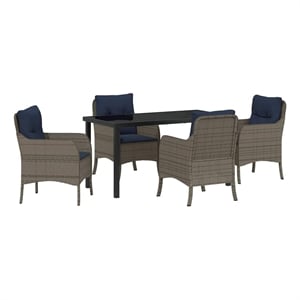 vidaXL Poly Rattan Dining Set with Cushions in Gray