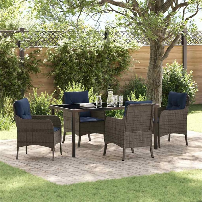 vidaXL Poly Rattan Dining Set with Cushions in Gray