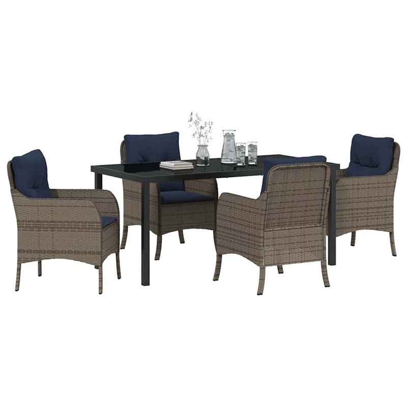 vidaXL Poly Rattan Dining Set with Cushions in Gray