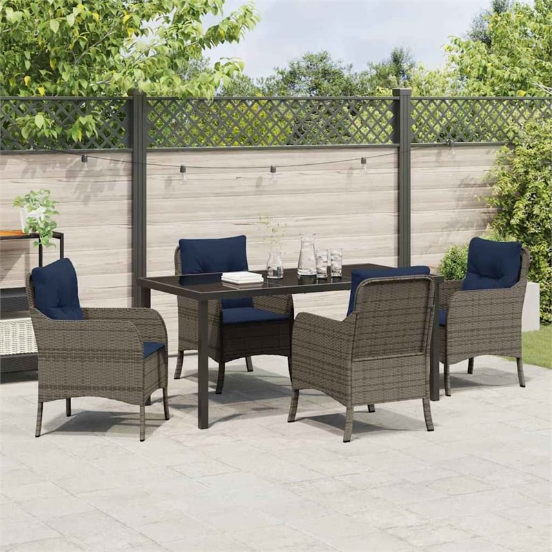 vidaXL Poly Rattan Dining Set with Cushions in Gray