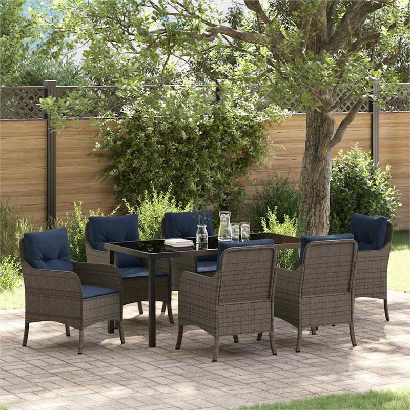 vidaXL Poly Rattan Dining Set with Cushions in Gray