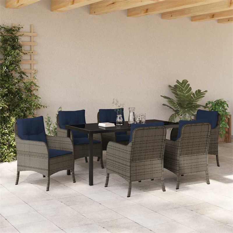 vidaXL Poly Rattan Dining Set with Cushions in Gray