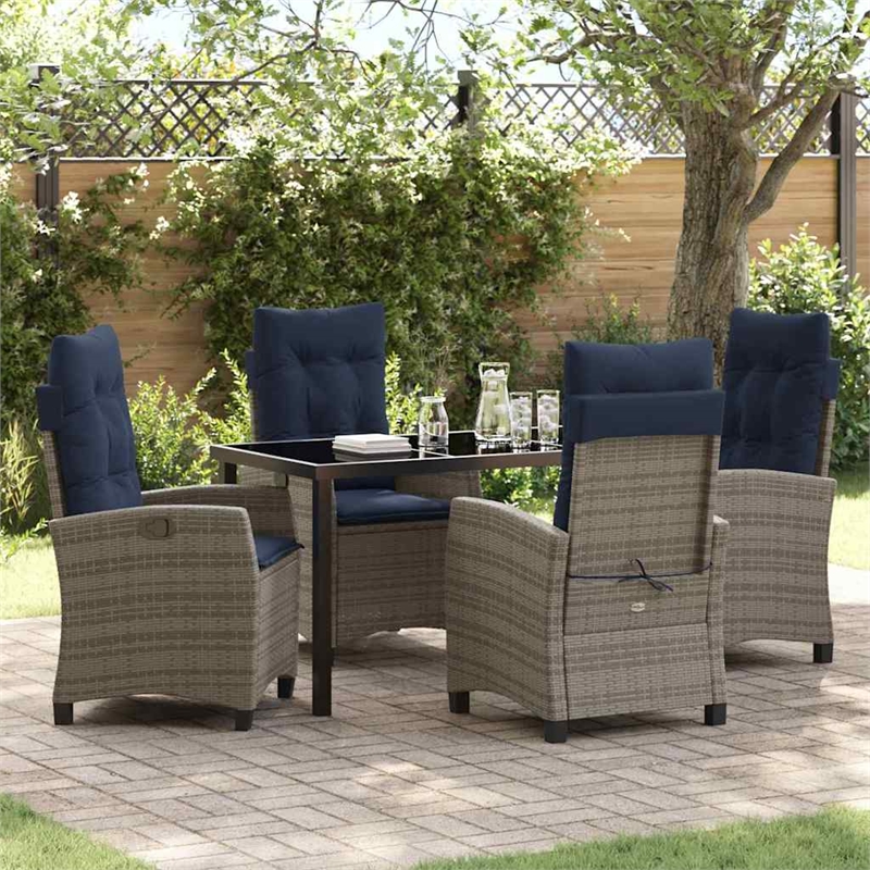 vidaXL Poly Rattan Dining Set with Cushions in Gray