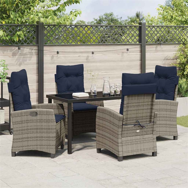 vidaXL Poly Rattan Dining Set with Cushions in Gray
