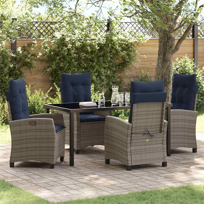 vidaXL Poly Rattan Dining Set with Cushions in Gray