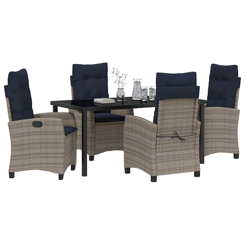 vidaXL Poly Rattan Dining Set with Cushions in Gray