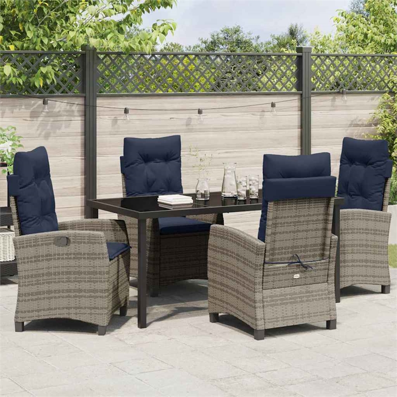 vidaXL Poly Rattan Dining Set with Cushions in Gray