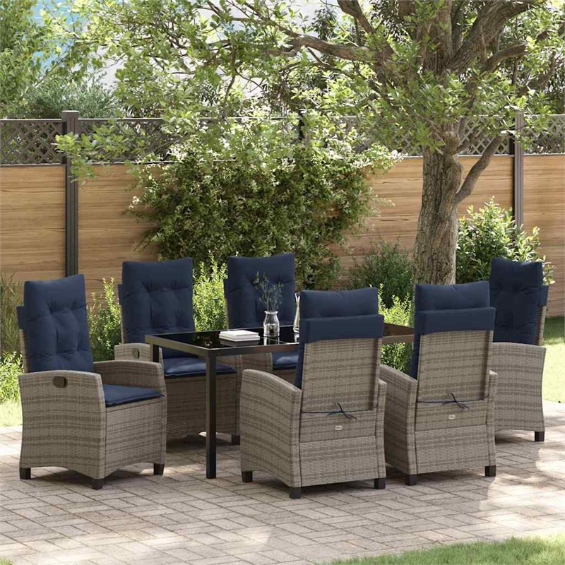 vidaXL Poly Rattan Dining Set with Cushions in Gray