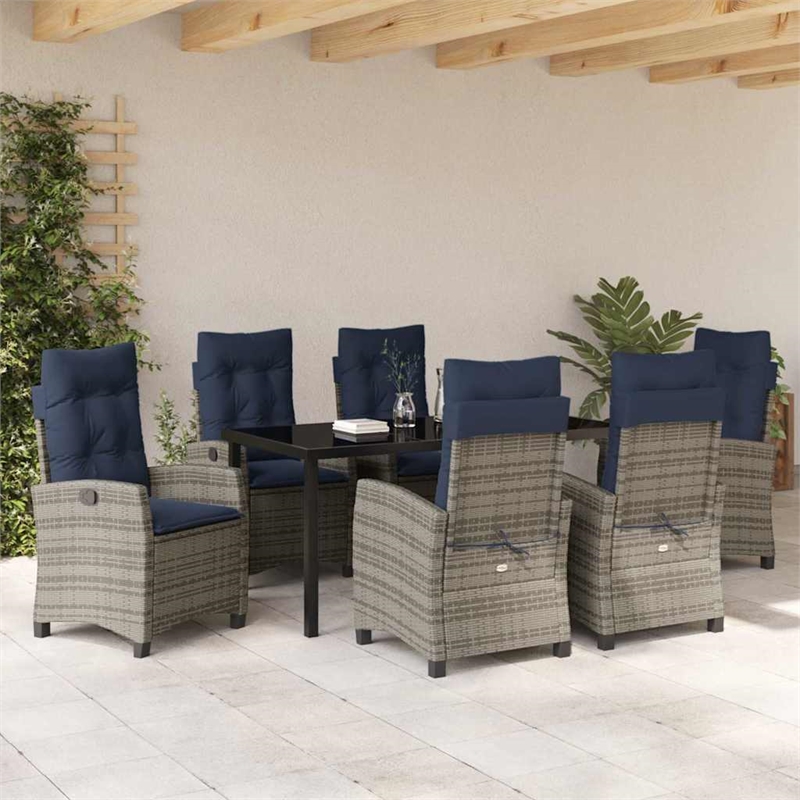 vidaXL Poly Rattan Dining Set with Cushions in Gray