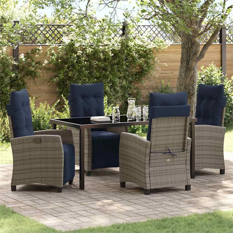 vidaXL Poly Rattan Dining Set with Cushions in Gray