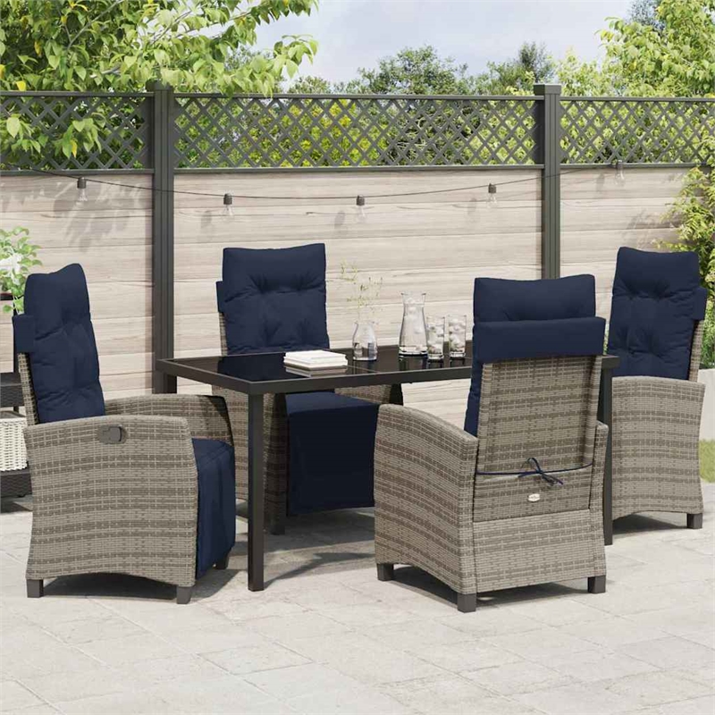 vidaXL Poly Rattan Dining Set with Cushions in Gray
