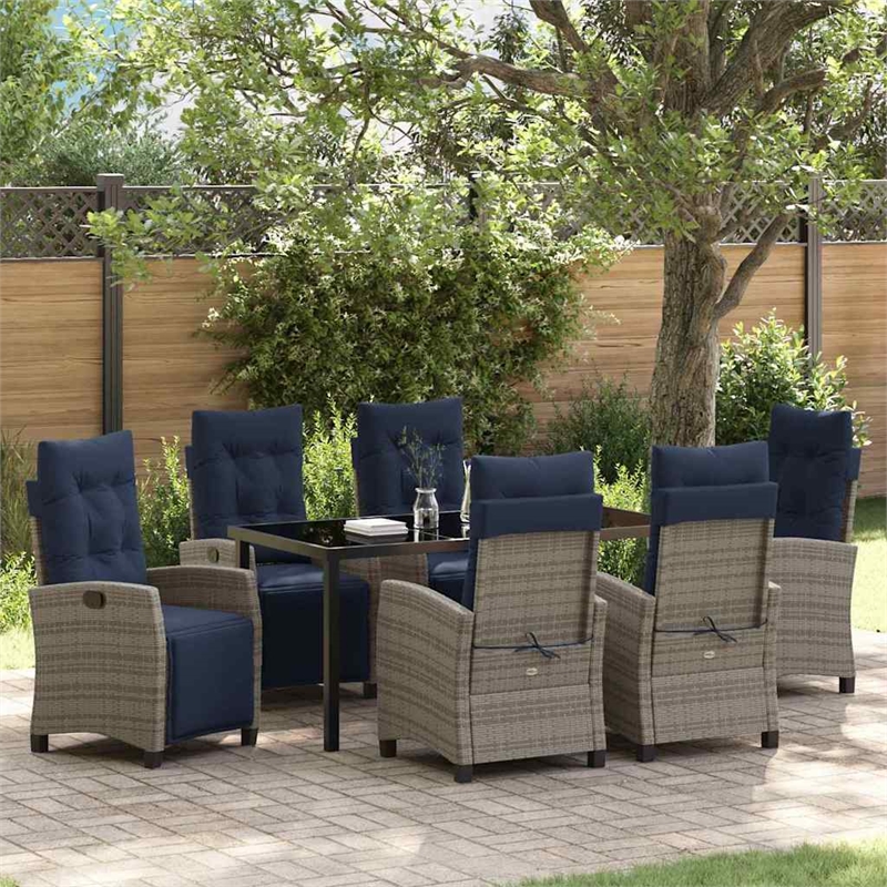 vidaXL Poly Rattan Dining Set with Cushions in Gray