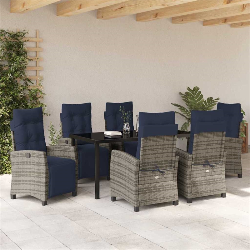 vidaXL Poly Rattan Dining Set with Cushions in Gray