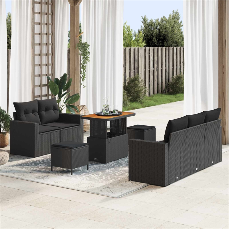 vidaXL Solid Acacia Wood Sofa Set with Cushions in Black