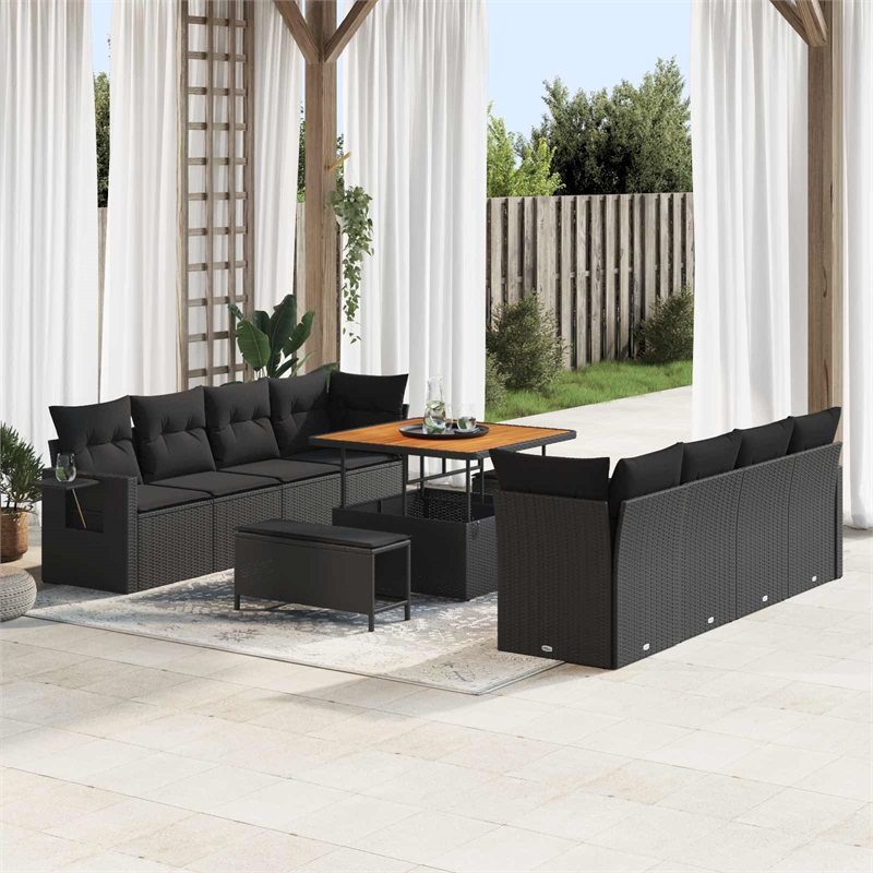 vidaXL Solid Acacia Wood Sofa Set with Cushions in Black