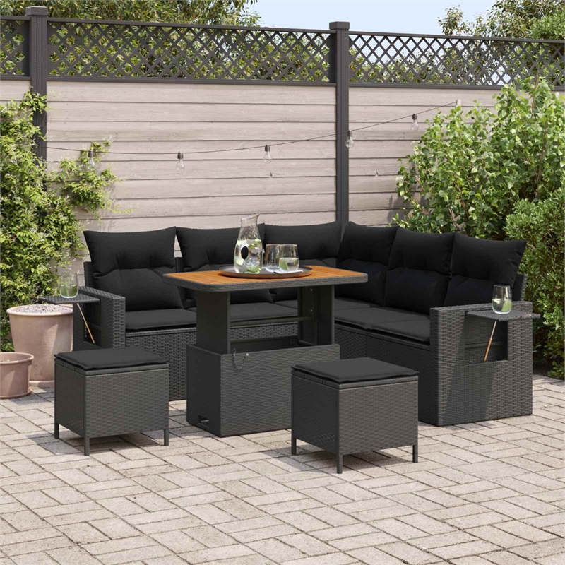 vidaXL Solid Acacia Wood Sofa Set with Cushions in Black