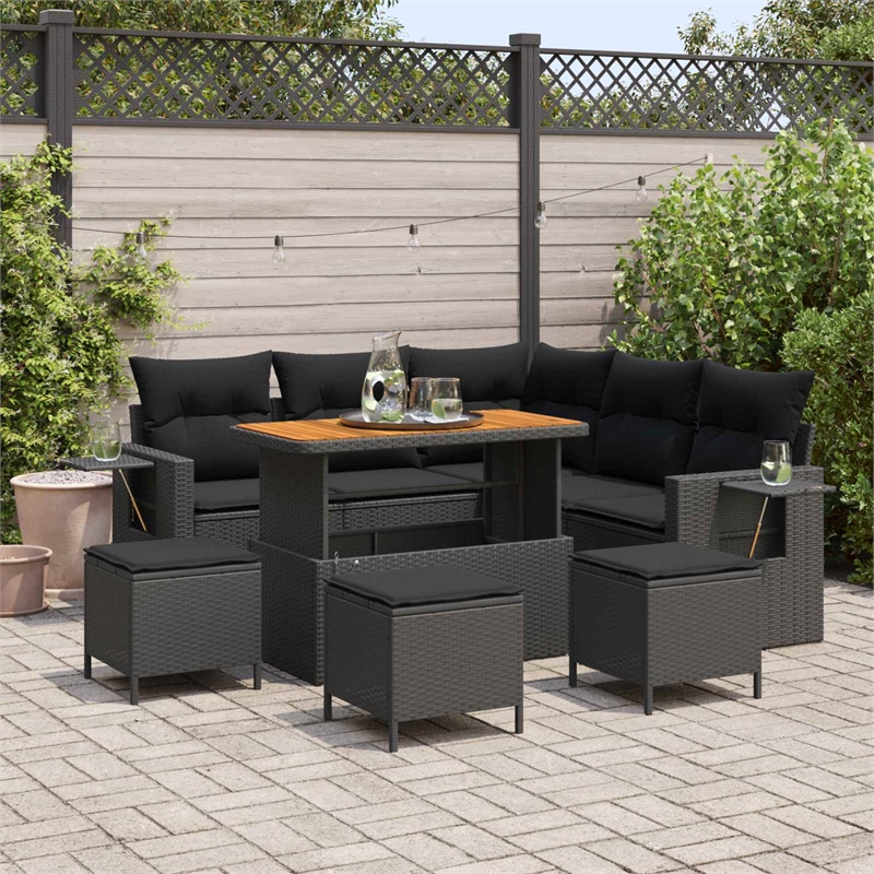 vidaXL Solid Acacia Wood Sofa Set with Cushions in Black