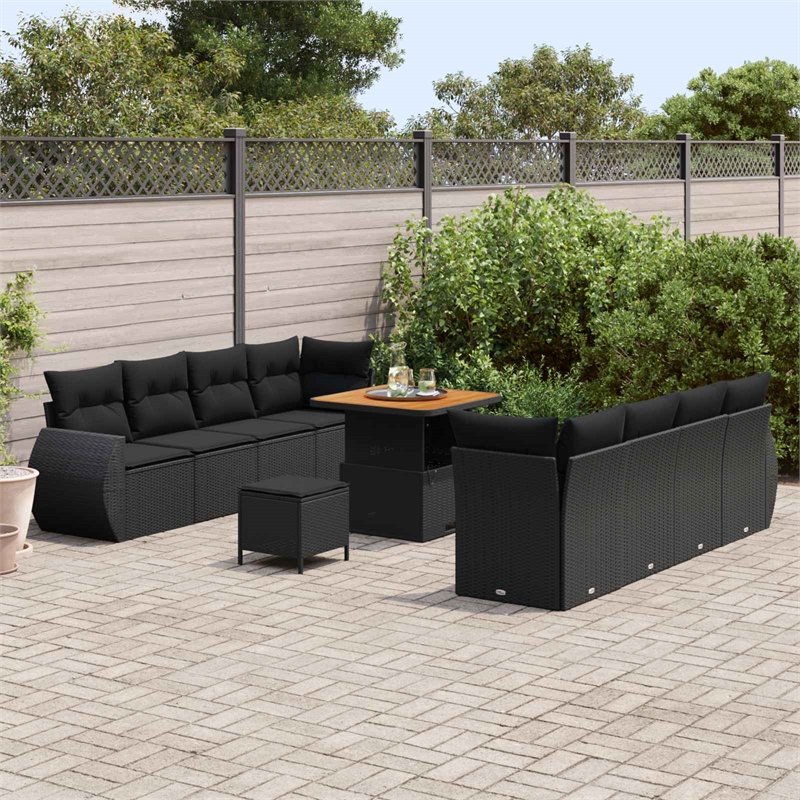 vidaXL Solid Acacia Wood Sofa Set with Cushions in Black