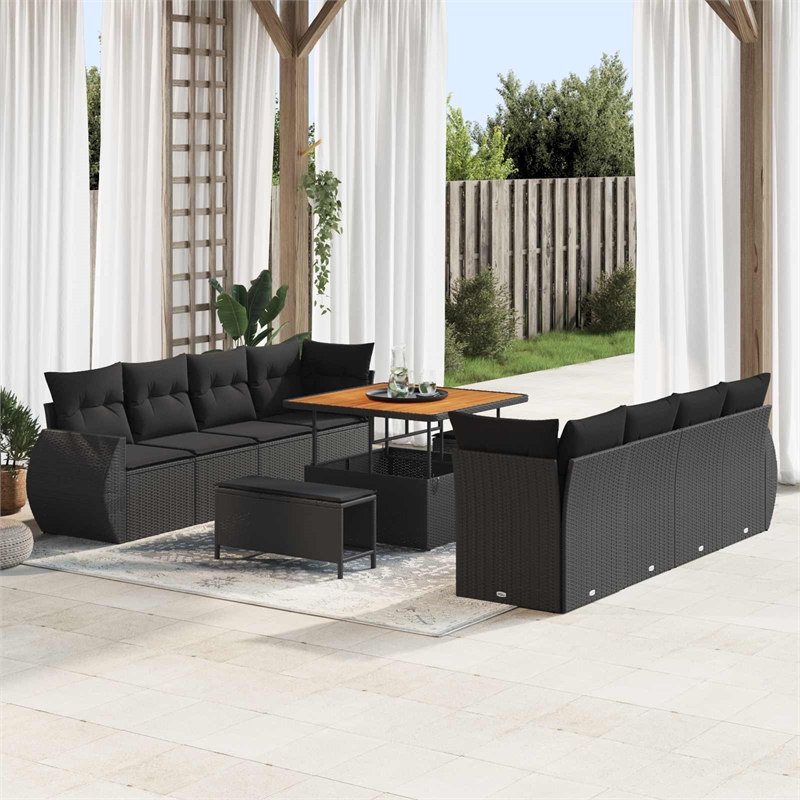 vidaXL Solid Acacia Wood Sofa Set with Cushions in Black