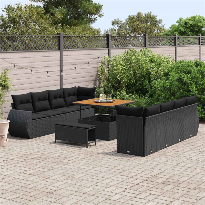 vidaXL Solid Acacia Wood Sofa Set with Cushions in Black