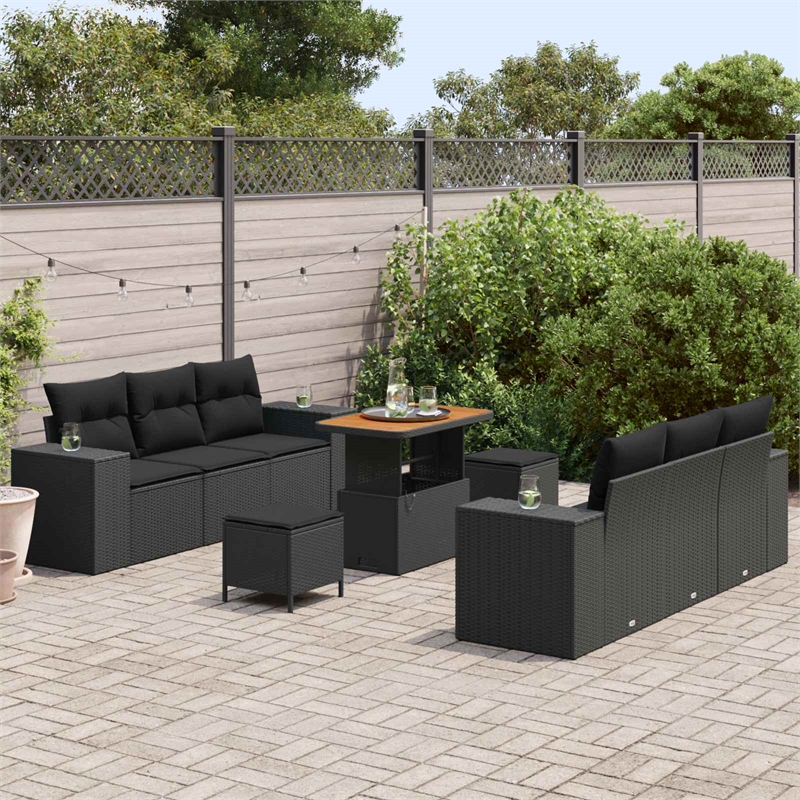 vidaXL Solid Acacia Wood Sofa Set with Cushions in Black