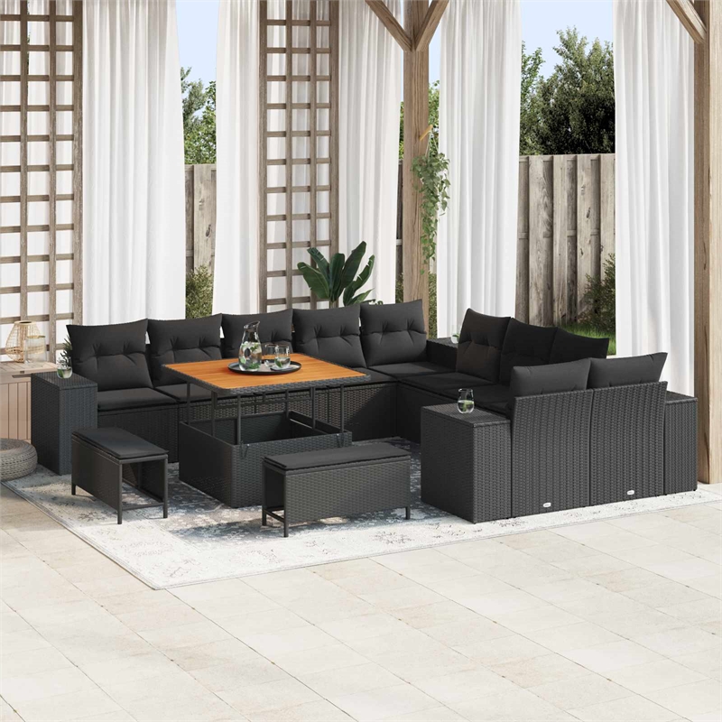 vidaXL Solid Acacia Wood Small Sofa Set with Cushions in Black