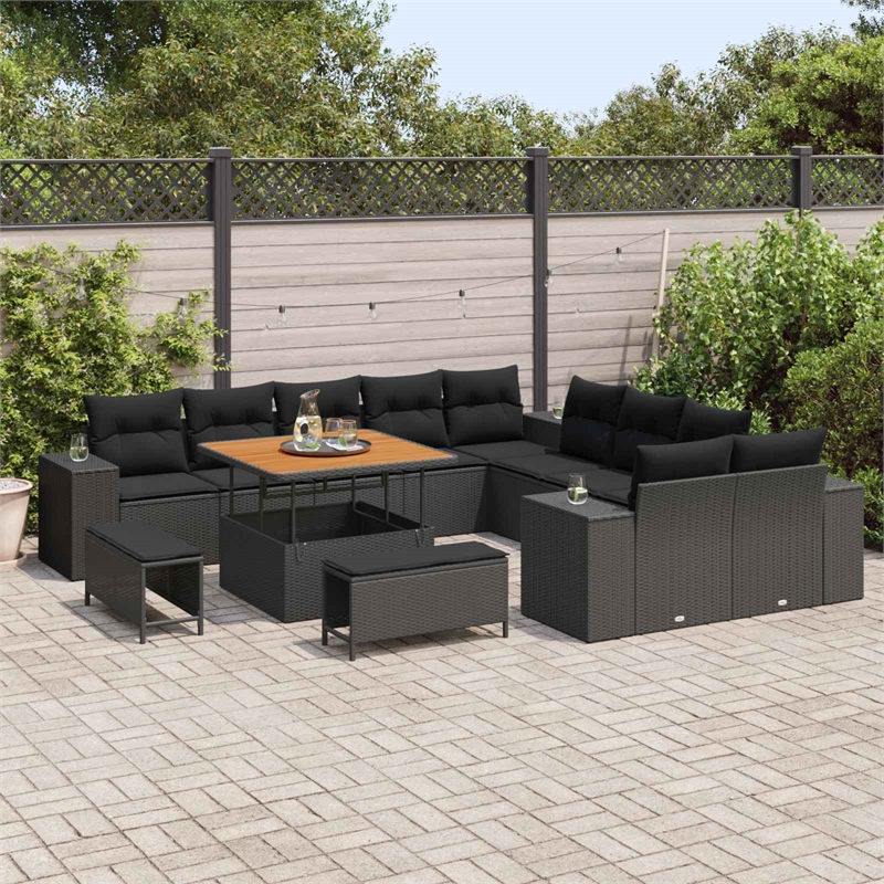 vidaXL Solid Acacia Wood Small Sofa Set with Cushions in Black