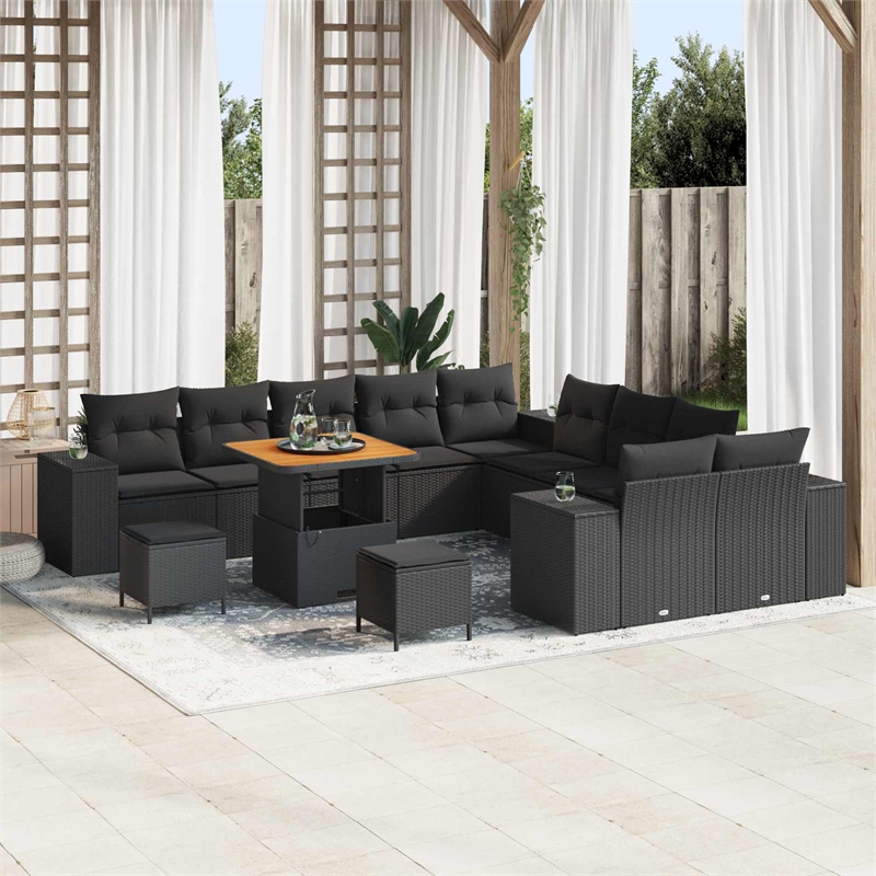 vidaXL Solid Acacia Wood Small Sofa Set with Cushions in Black