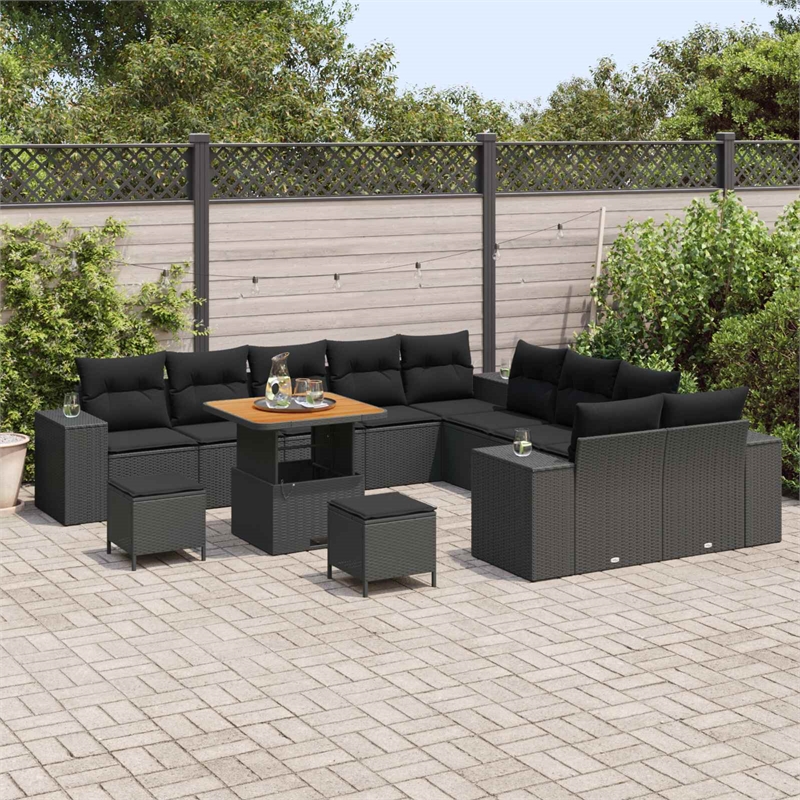 vidaXL Solid Acacia Wood Small Sofa Set with Cushions in Black