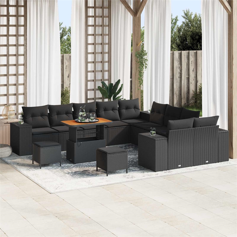 vidaXL Solid Acacia Wood Small Sofa Set with Cushions in Black