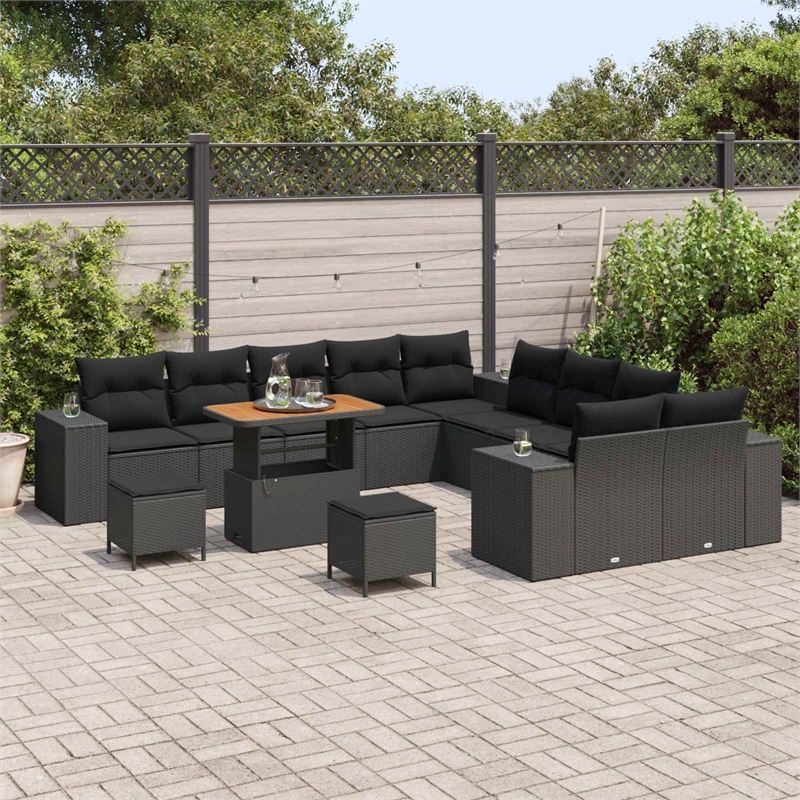 vidaXL Solid Acacia Wood Small Sofa Set with Cushions in Black